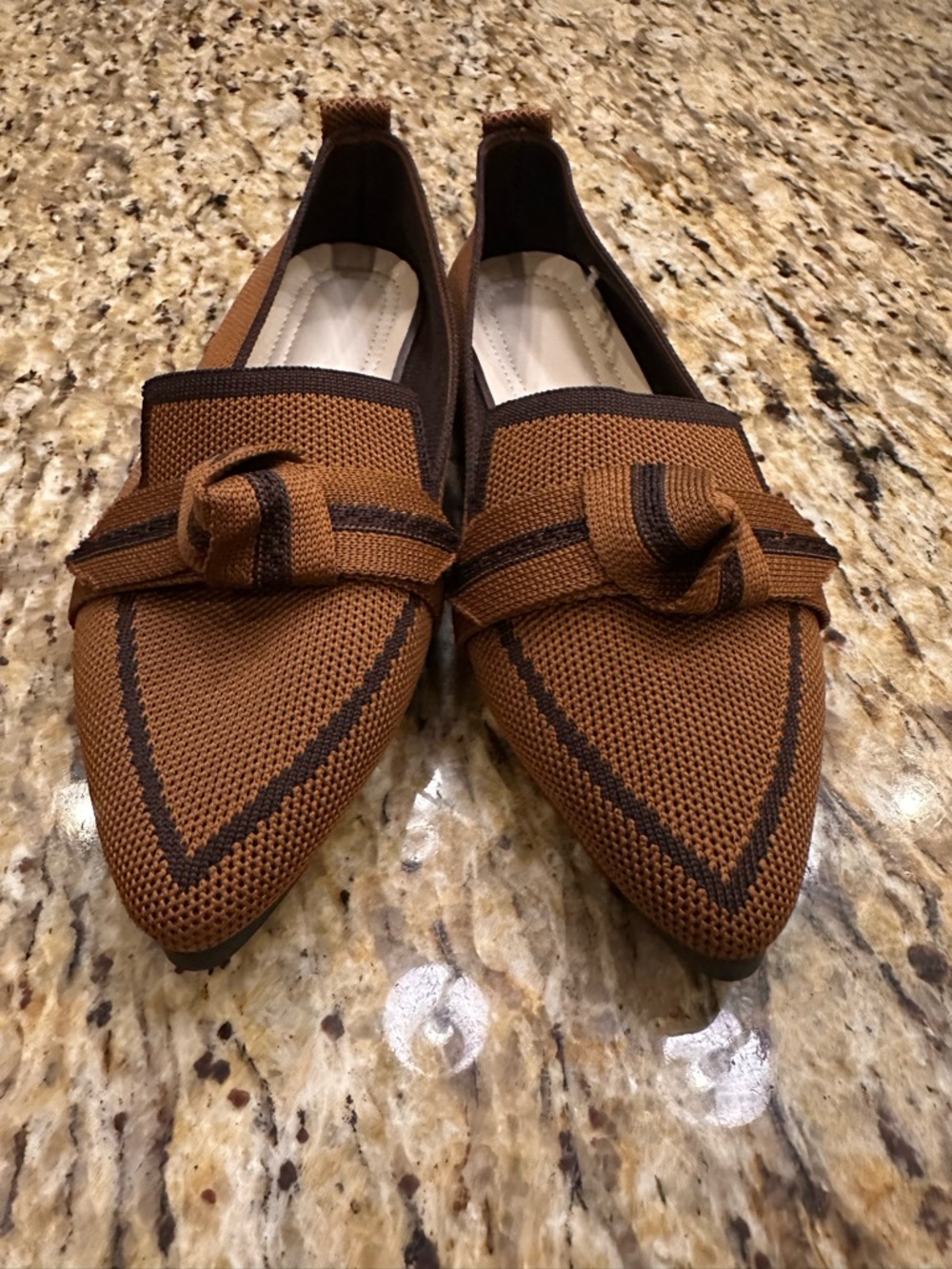 Brown Knit Slip-On Loafers with Knot Detail